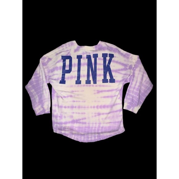 New Victoria Secret PINK Sweatshirt Tie Dye Purple White Sz LG Crewneck Spellout - Picture 7 of 8